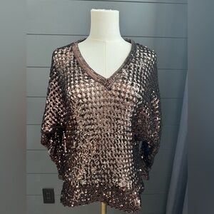 Partique New York Vintage Brown Sequin V-Neck Elastic Waist Top Party New Year’s